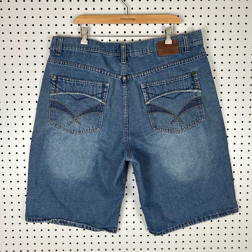 Phat Farm Blue Denim Jean Shorts Size 40 Embroidered Pockets Baggy Y2K Hip Hop